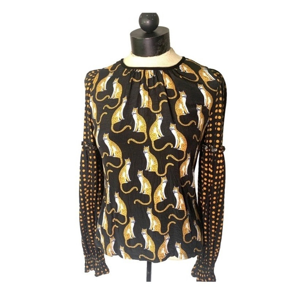 BLANK LONDON Women's Cat Print Polka‎ Dot Artsy Top Size XS Black Orange